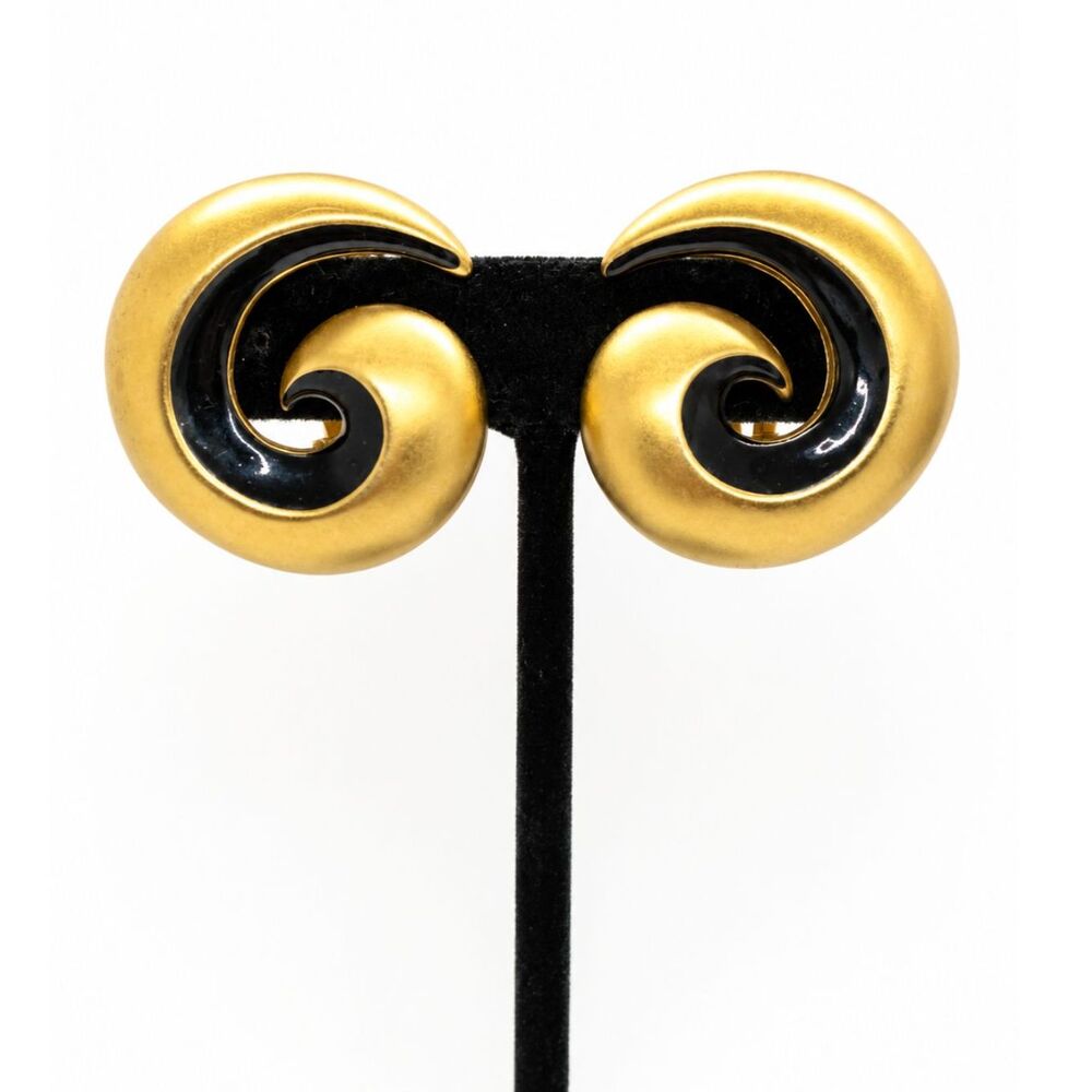 Vintage KENNETH JAY LANE Earrings Black Enamel Gold Swirl Statement KJL Clip